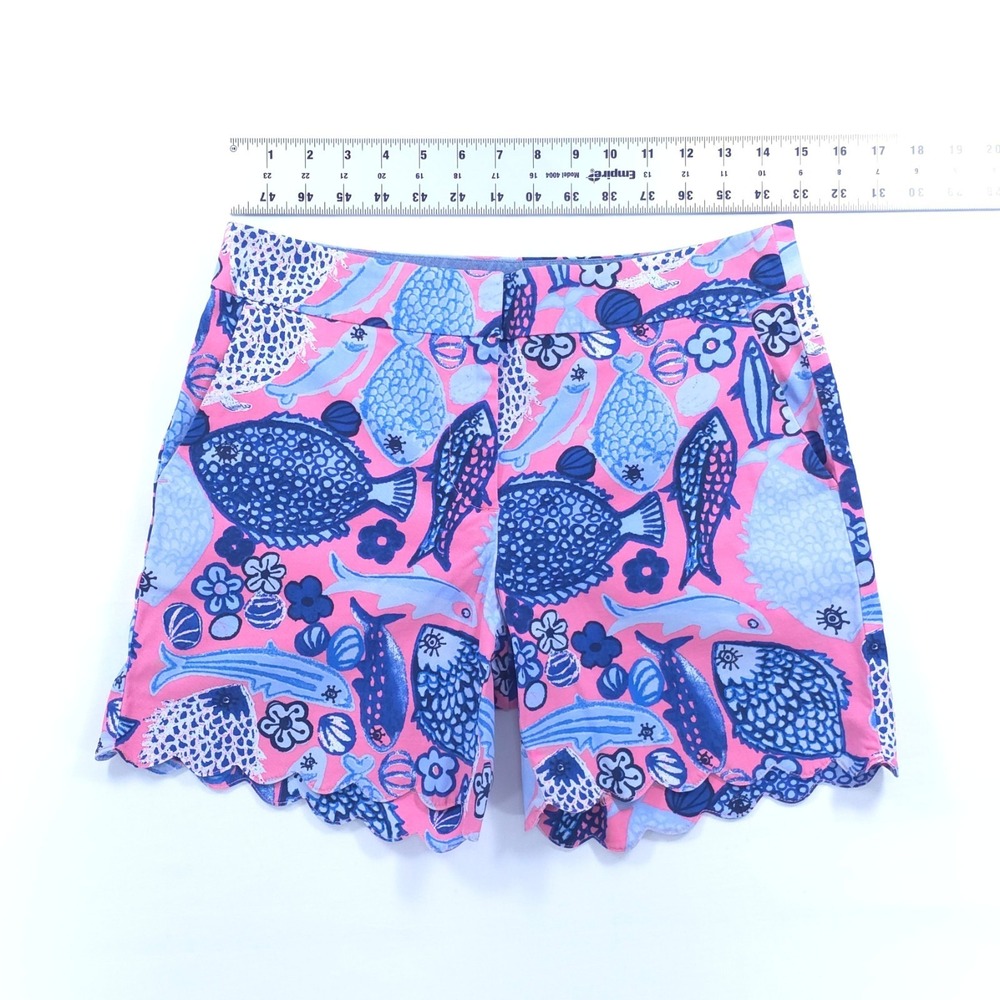 Talbots Womens Shorts Size 2 Pink Blue‎ Fish Print Scalloped Hem Chino - Picture 2 of 9